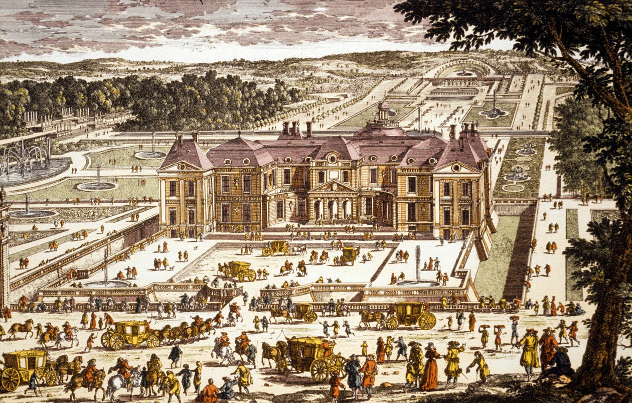 Pohled na zámek Vaux le Vicomte, postavený Louisem le Vau v letech 1658-1661 pro Nicolase Fouqueta (barevná rytina) od School French