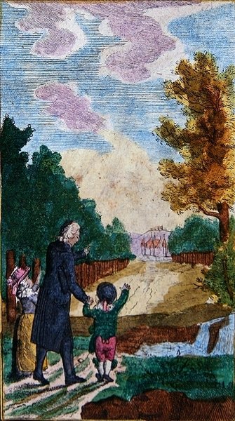 Děti s učitelem, z „Le Nouveau Chemin du Plaisir“, vydaného v Norimberku, konec 18. nebo začátek 19. století (barevný dřevoryt) od School German