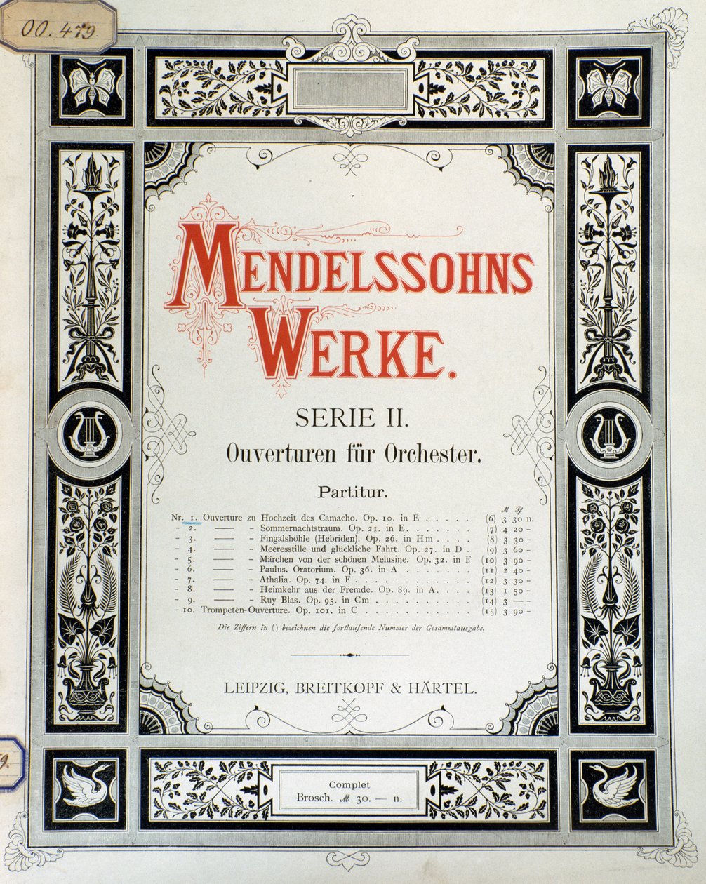 Obálka partitury "Ouverture op. 10 pro orchestr" od Felixe Mendelssohna (barevné lito) od School German