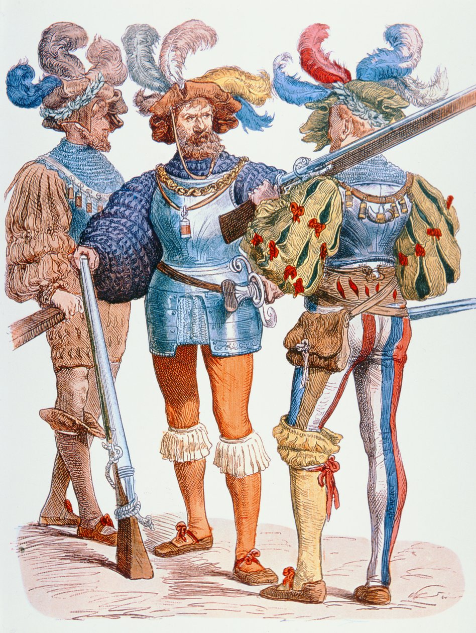 Němečtí vojáci 16. století, vyzbrojení zápalkovými mušketami (barevná rytina) od School German