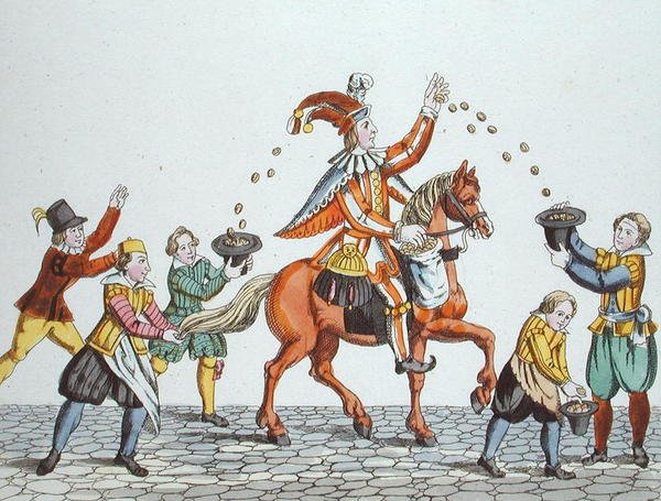 Šašek na kaštanovém koni, který hází potravu dětem, ze „Zvyky a praxe starého Norimberku ve hrách a písních“, znovu vydáno 1831 (barevně lito) od School German