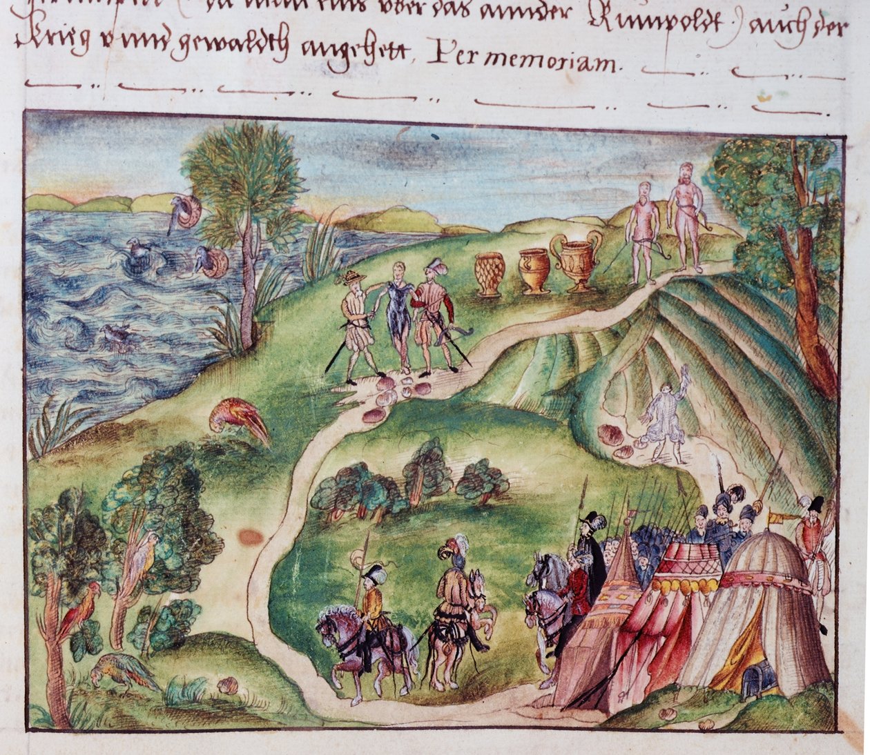 MS Add.15217 fol.40 Venezuelská krajina se španělským táborem, ze sbírky memoárů rodiny Coelerových, Norimberk od School German