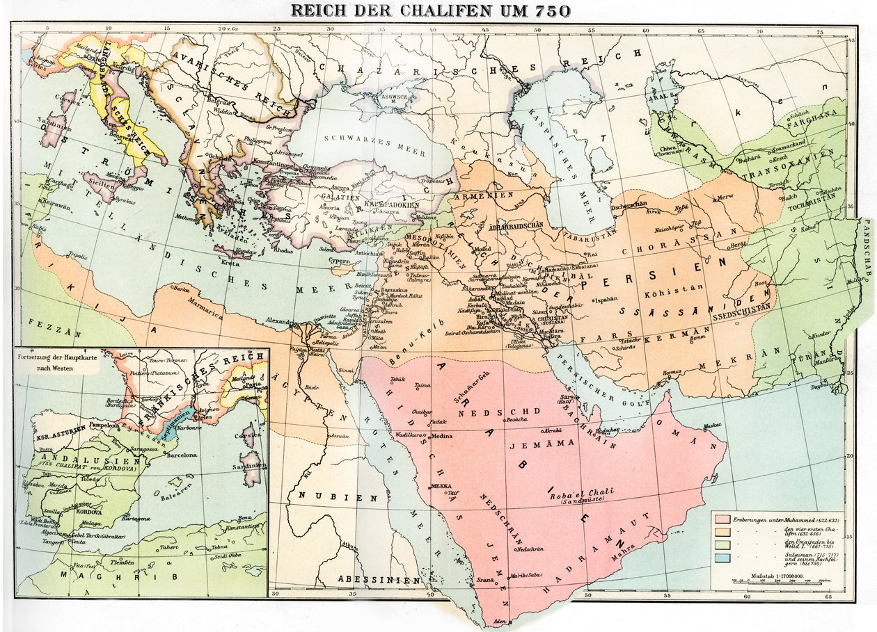 Mapa chalífátské říše v roce 750 z knihy "Weltgeschichte" Julia von Pflugk-Harttunga od School German