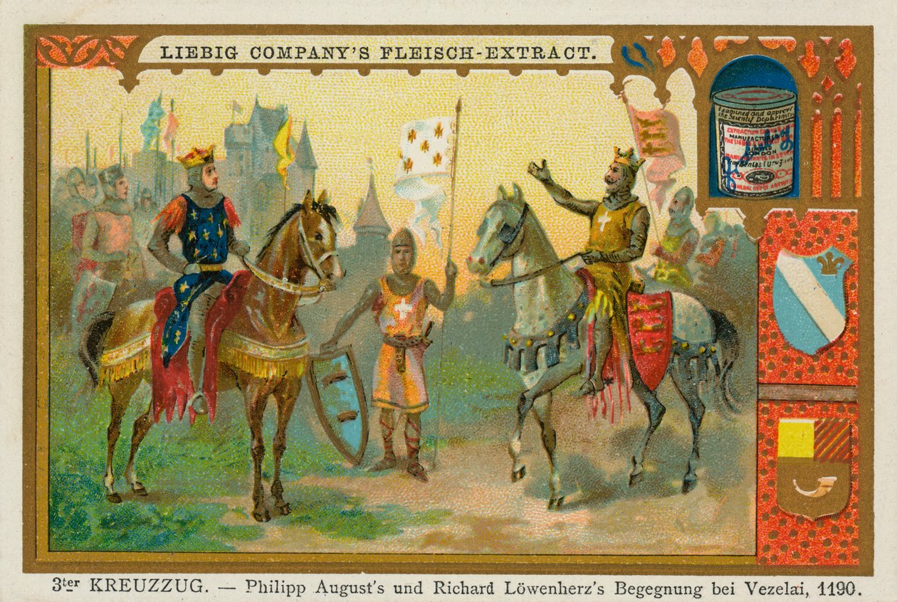 Filip II Augustus a Richard Lví srdce u Vézelay, třetí křížová výprava, Liebigova karta (tisk) od School German
