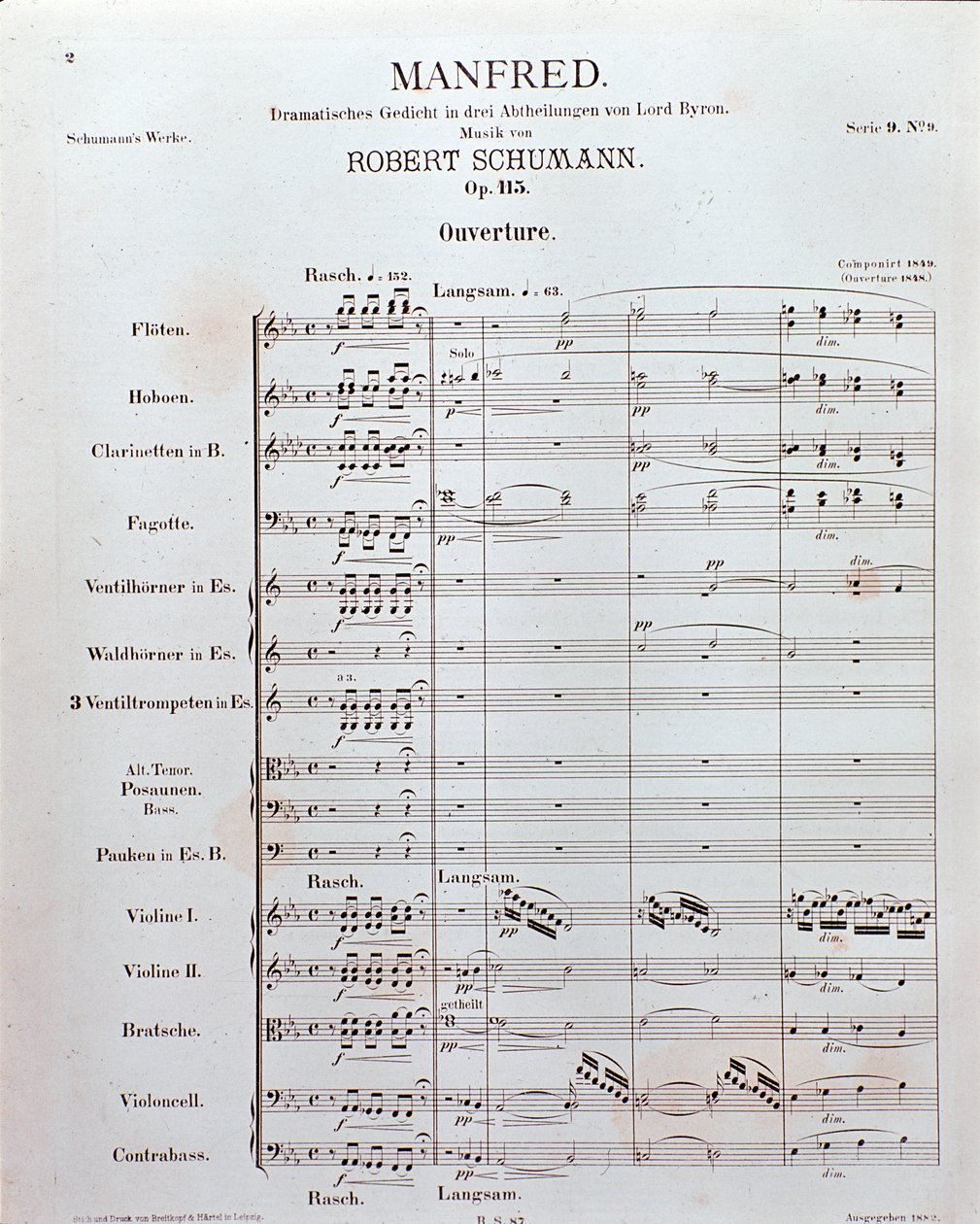 Noty k zahájení "Manfred" (opus 115) od německého skladatele Roberta Schumanna (tisk) od School German