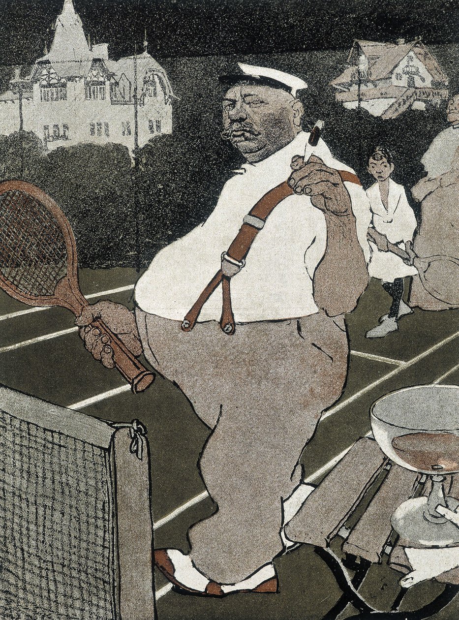 Tenis: tlustý muž, kouření a pití alkoholu, hraní tenisu - německý kreslený film od School German