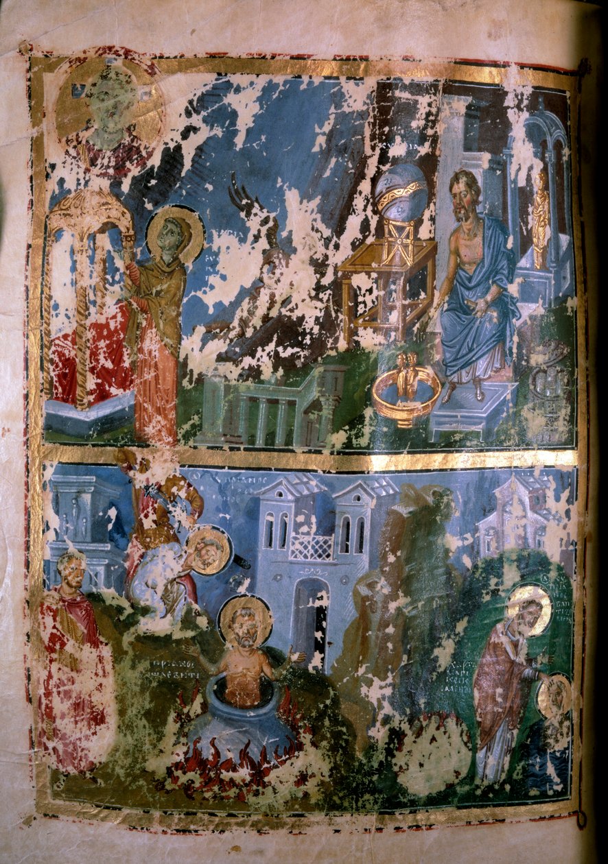 Výjevy ze života svatého Cypriána. Miniatura v "" Homelies. Orationes““ od Saint Gregoire z Byzance of Nazianze (nebo Naziance) (328-390), 879-882. Řecký rukopis. Paříž, NL od School Greek