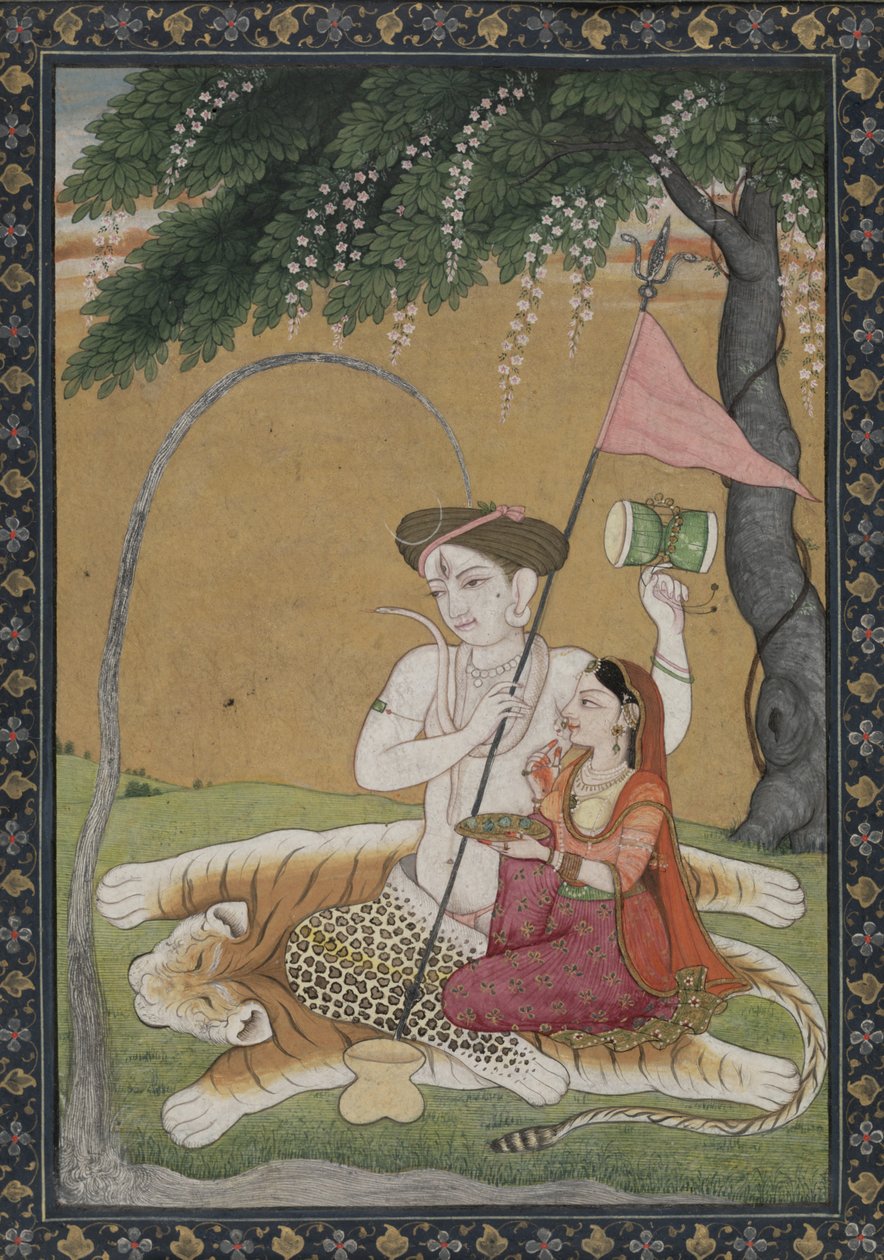 Shiva a Parvati na tygří kůži, cca 1800 (akvarel se zlatem a stříbrem) od School Guler