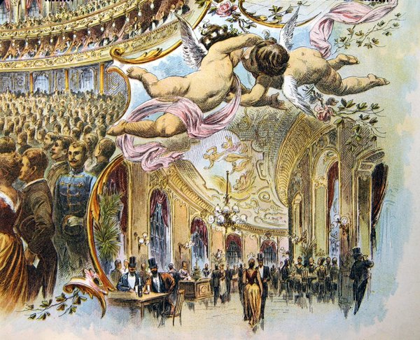 Promenáda Somossy Orfeum v Budapešti, konec devatenáctého století (barevné lito) od School Hungarian