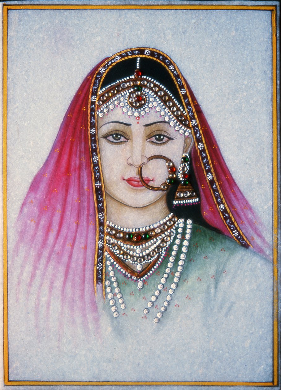 Rádžasthánská dáma (kvaš a akvarel na mramorové desce) od School Indian