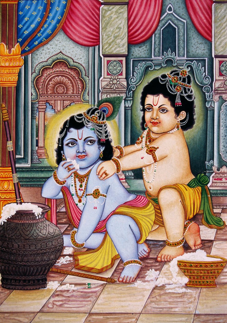 Bal Krišna s Balramem Miniaturní malba na papíře od School Indian