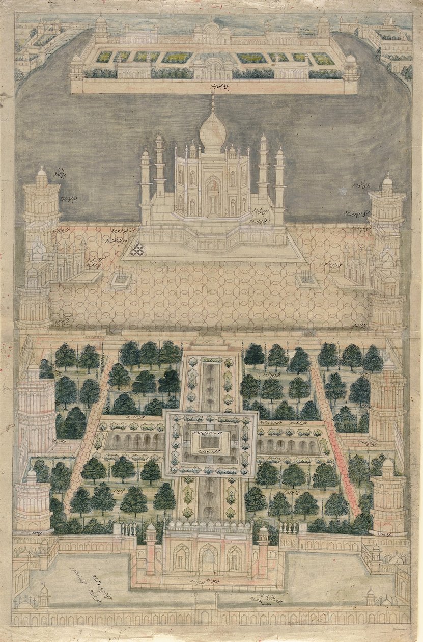 Pohled z ptačí perspektivy na Taj Mahal v Agra (pero a inkoust s akvarelem na papíře) od School Indian