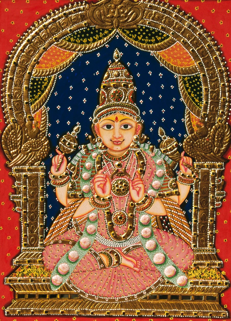 Reliéf bohyně Saraswati, malba Tanjore od School Indian