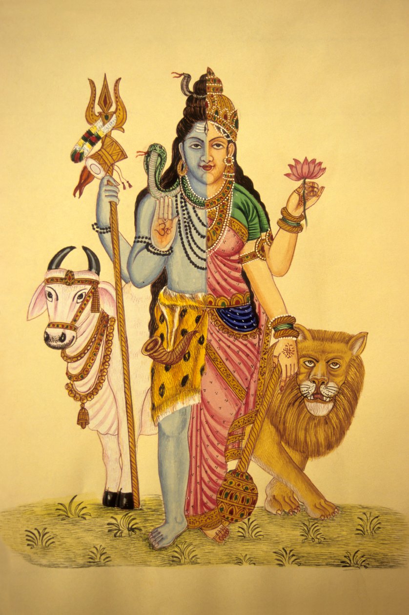 Bůh Šiva v Ardnarees Wear Roop, miniaturní malba na papíře od School Indian