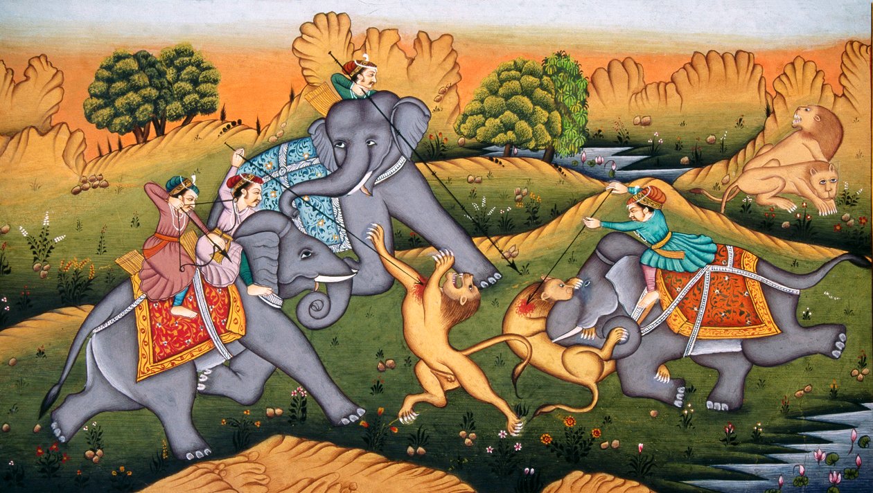 Lov tygrů na miniaturní malbě na papíře od School Indian