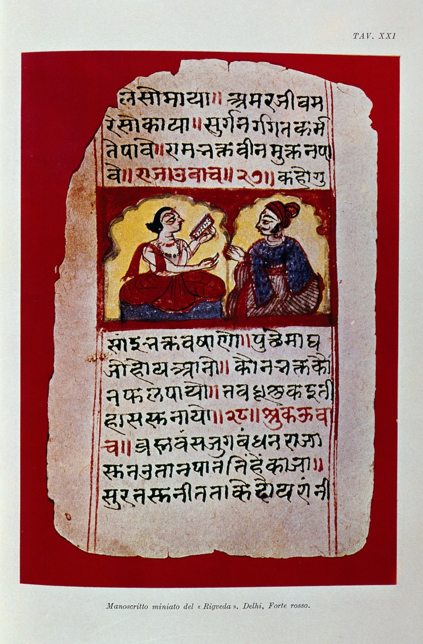 Ilustrace zobrazující stránku s rukopisem z Rigvedy (barevně lito) od School Indian