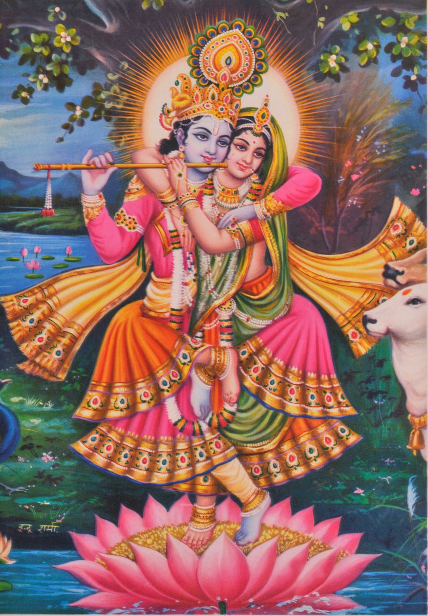 Krišna a Rádha (barevná litografie) od School Indian