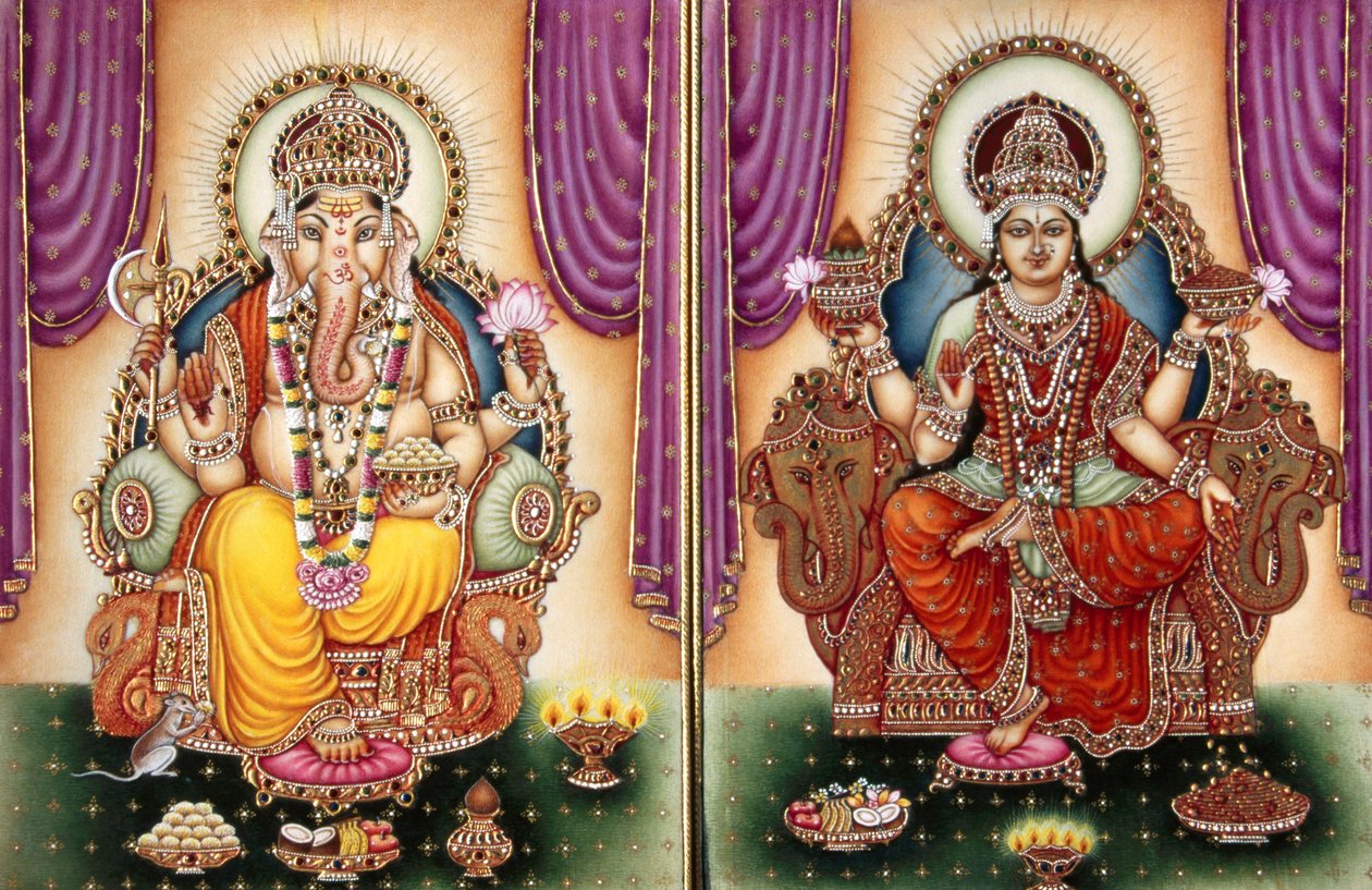 Lord Ganesh Ganpati bohyně a Lakshmi miniatura malba na slonovině od School Indian