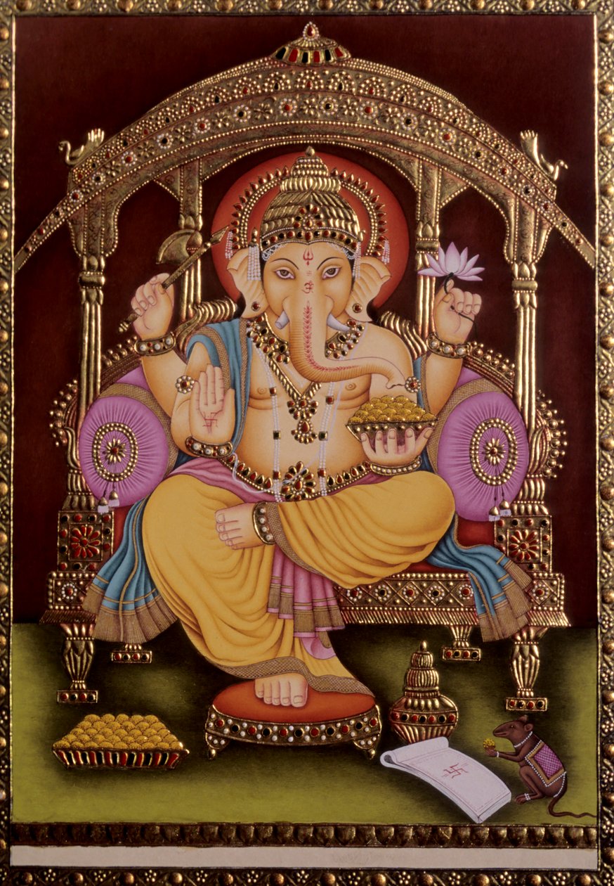 Pán Ganesh Ganpati miniatura malba na papíře se zlatým reliéfem od School Indian