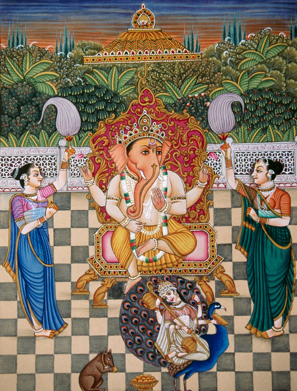 Lord Ganesh Ganpati Riddhi a Siddhi Miniatura malba na papíře od School Indian