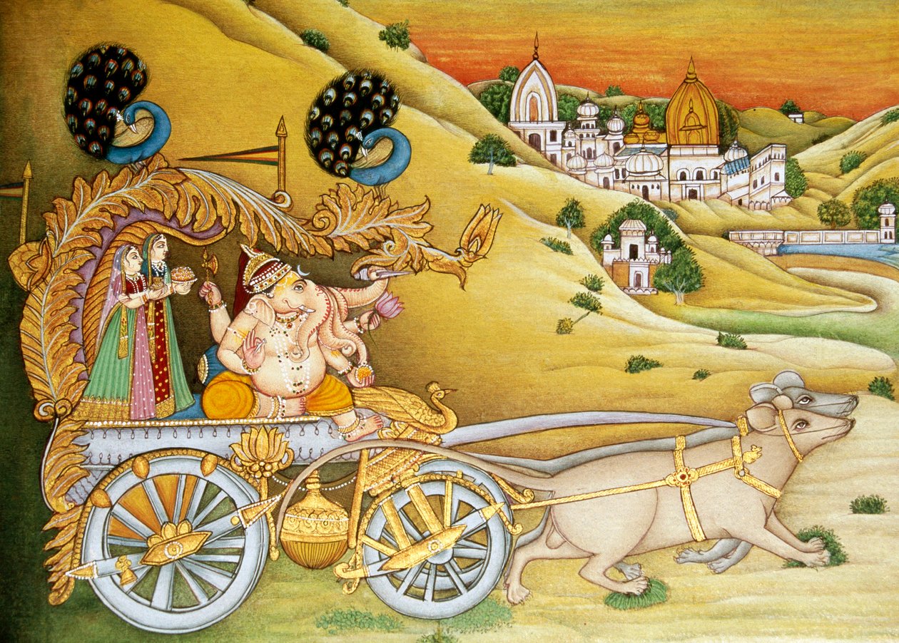 Lord Ganesh Ganpati Riddhi a Siddhi Miniatura malba na papíře od School Indian