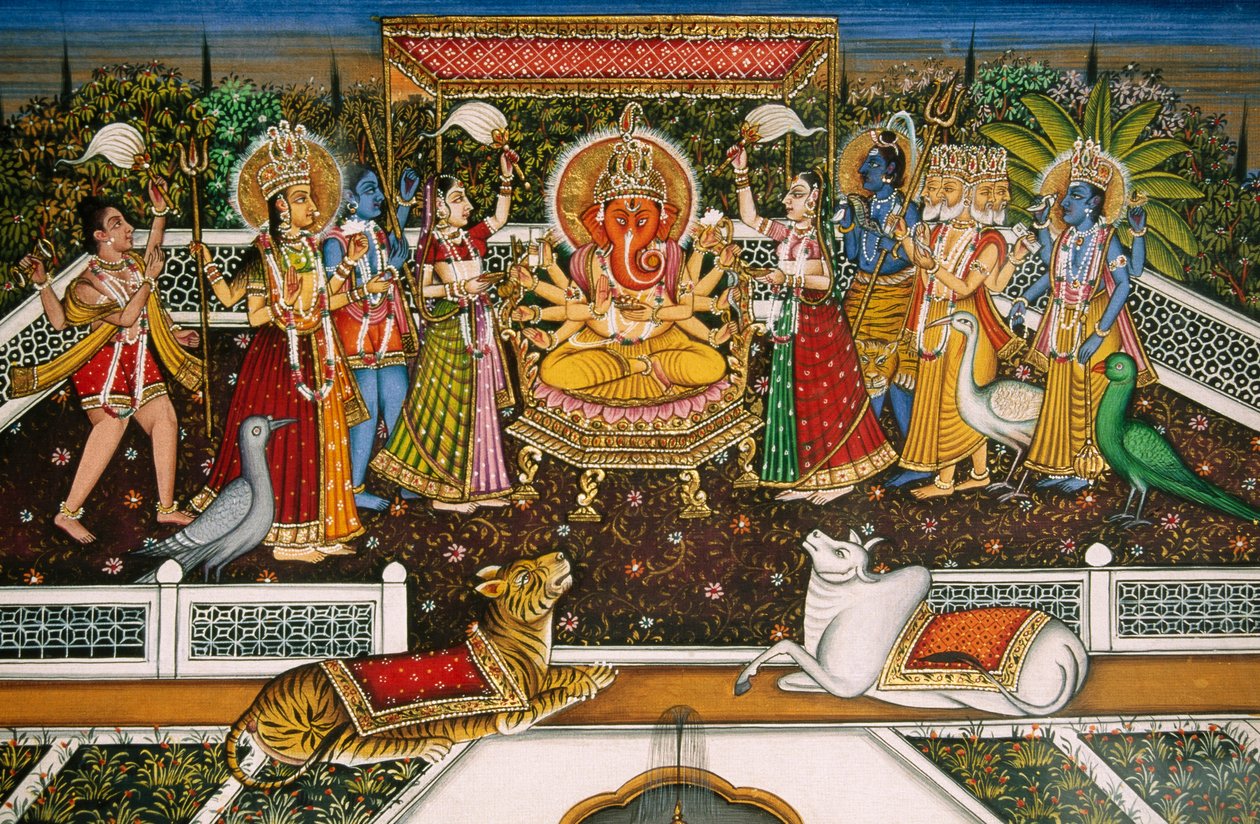 Pán Ganéš Ganpati s Brahmou, Višnuem, Šivou, Durgou, miniaturní malba na papíře od School Indian