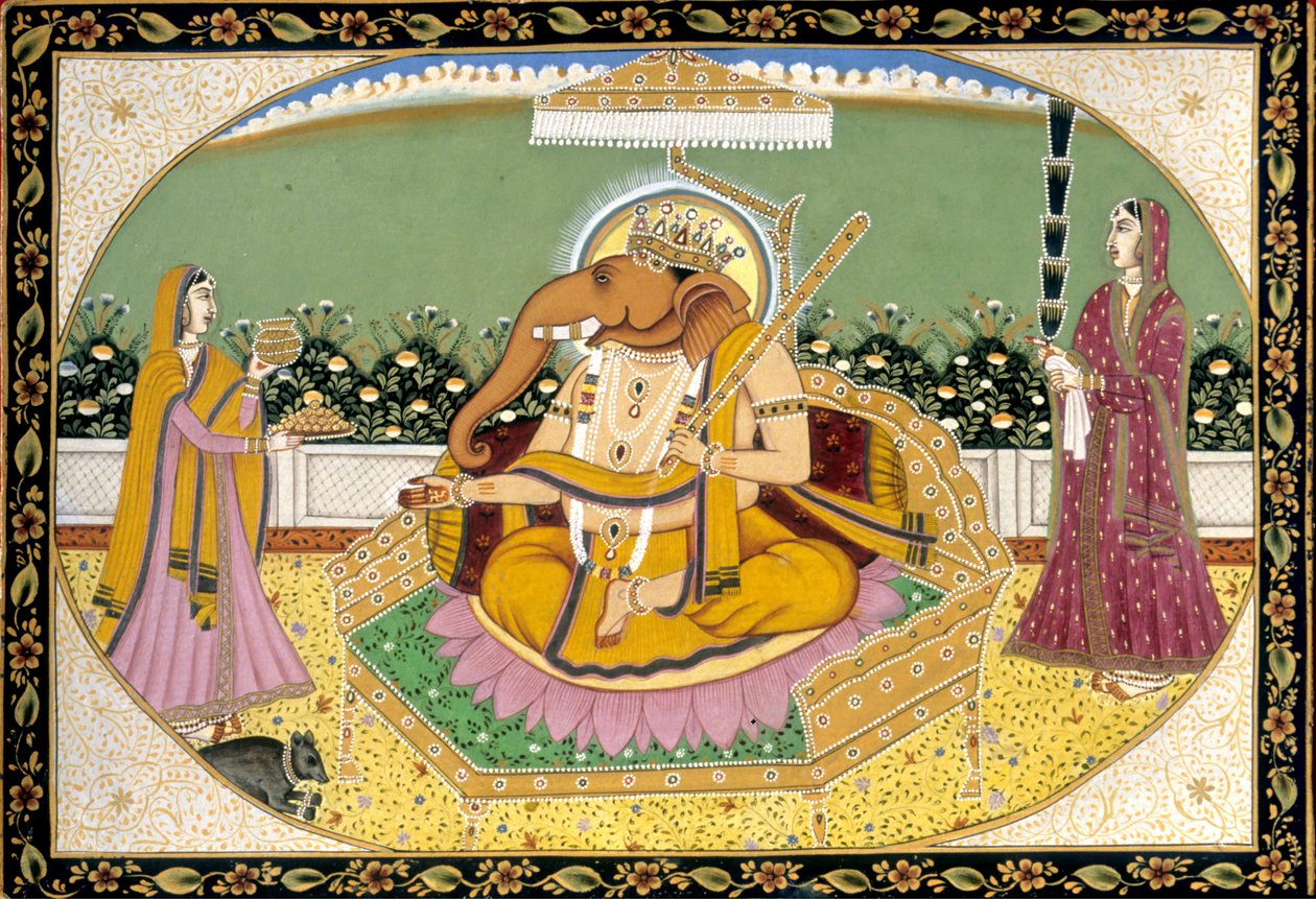 Lord Ganesh s Ridhi a Siddhi Miniatura Malování Indie od School Indian