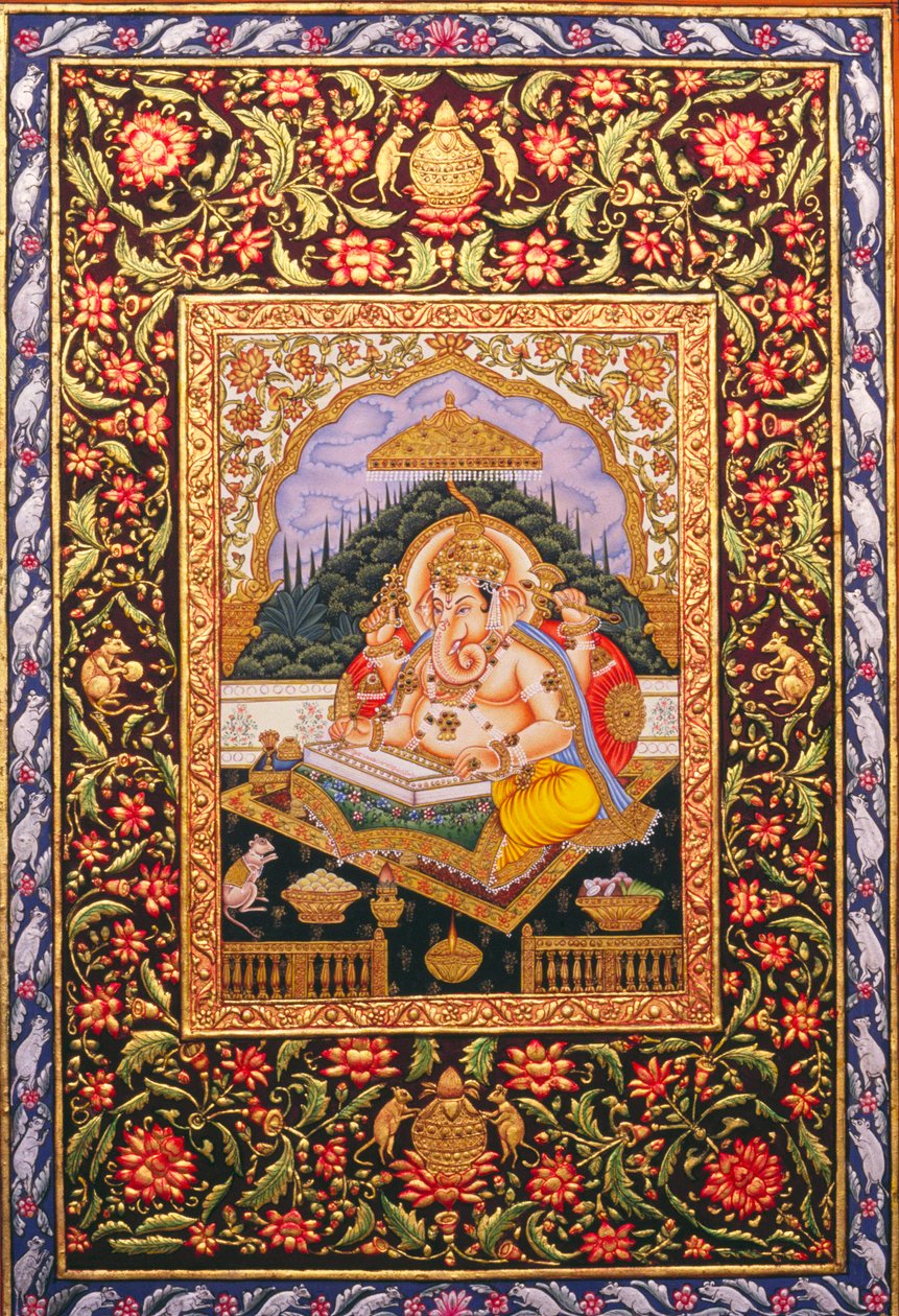 Pán Ganéša Ganpati Miniatura malba na papíře se zlatou ražbou od School Indian