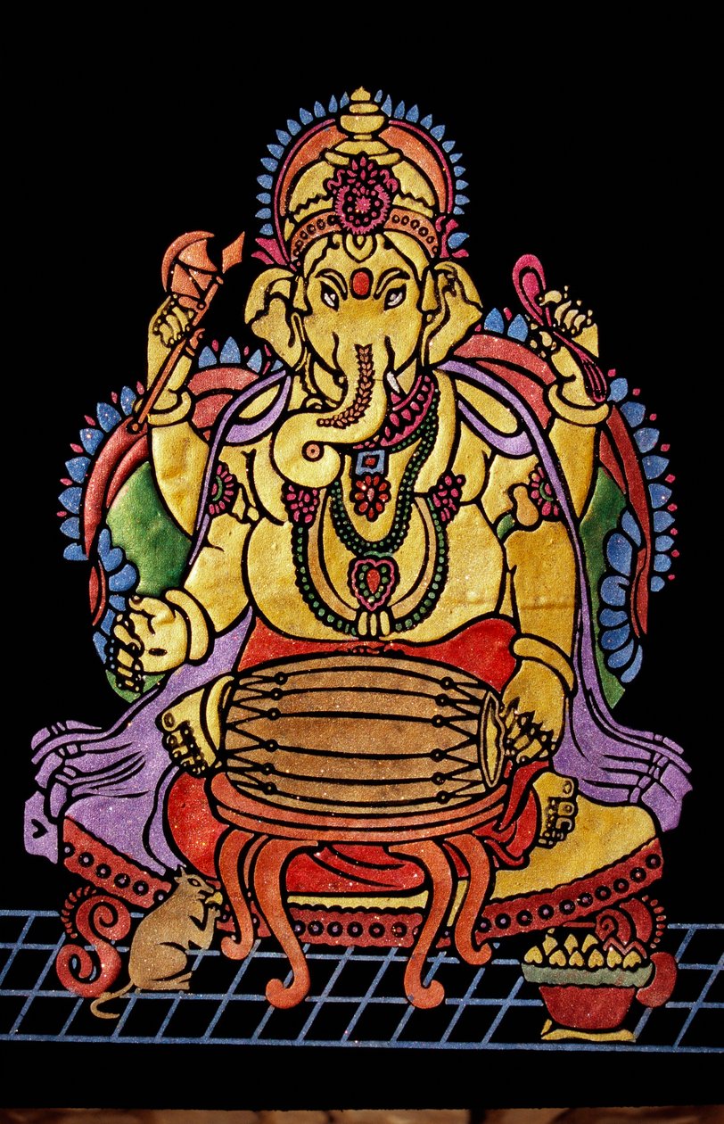 Pán Ganéša Ganpati hraje hudební nástroj Výšivka práce od School Indian