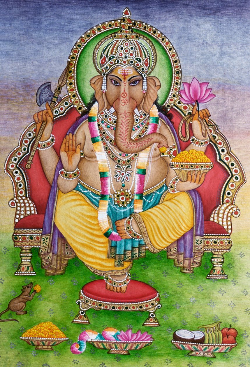 Pán Ganéša Ganpati v miniaturní malbě na papíře od School Indian