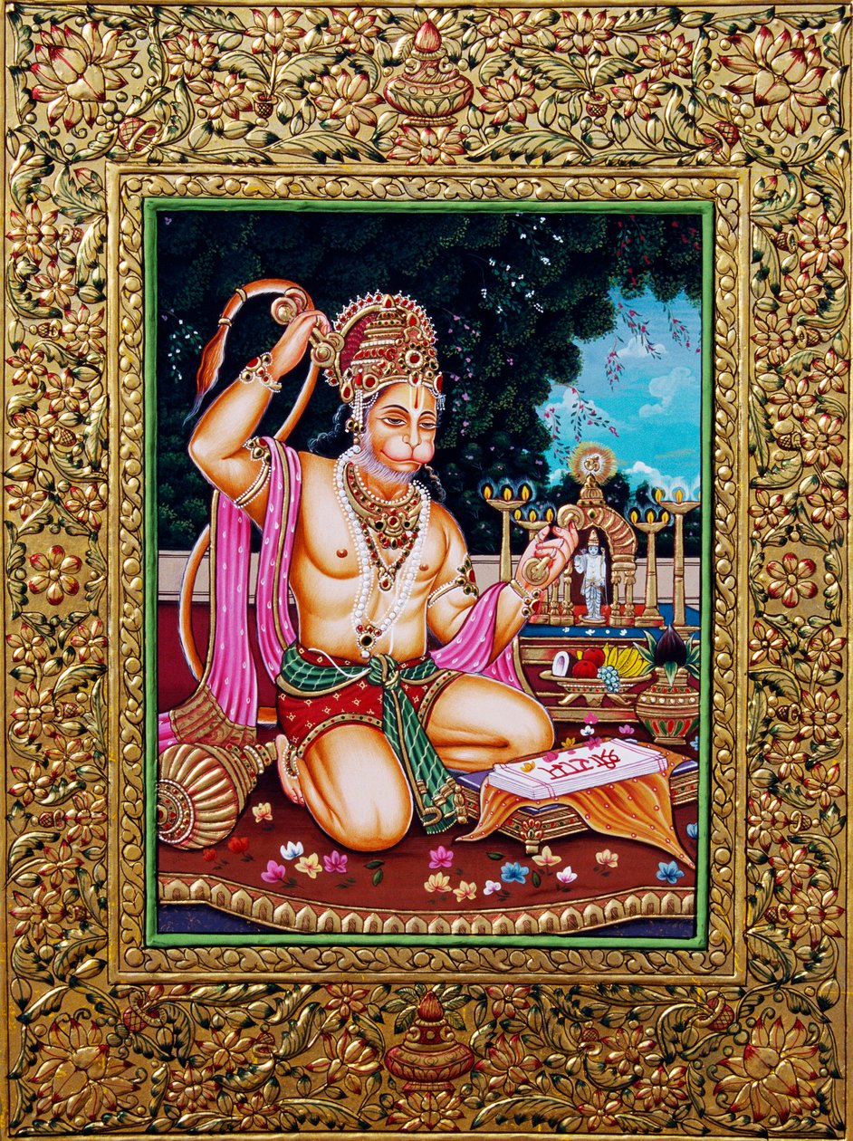 Miniaturní malířský papír Lord Hanuman se zlatým reliéfem od School Indian