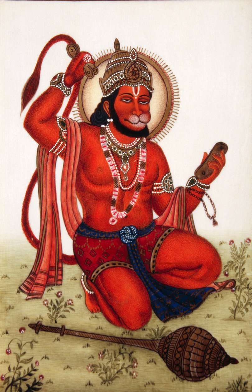 Miniaturní malba Lorda Hanumana na slonovině od School Indian