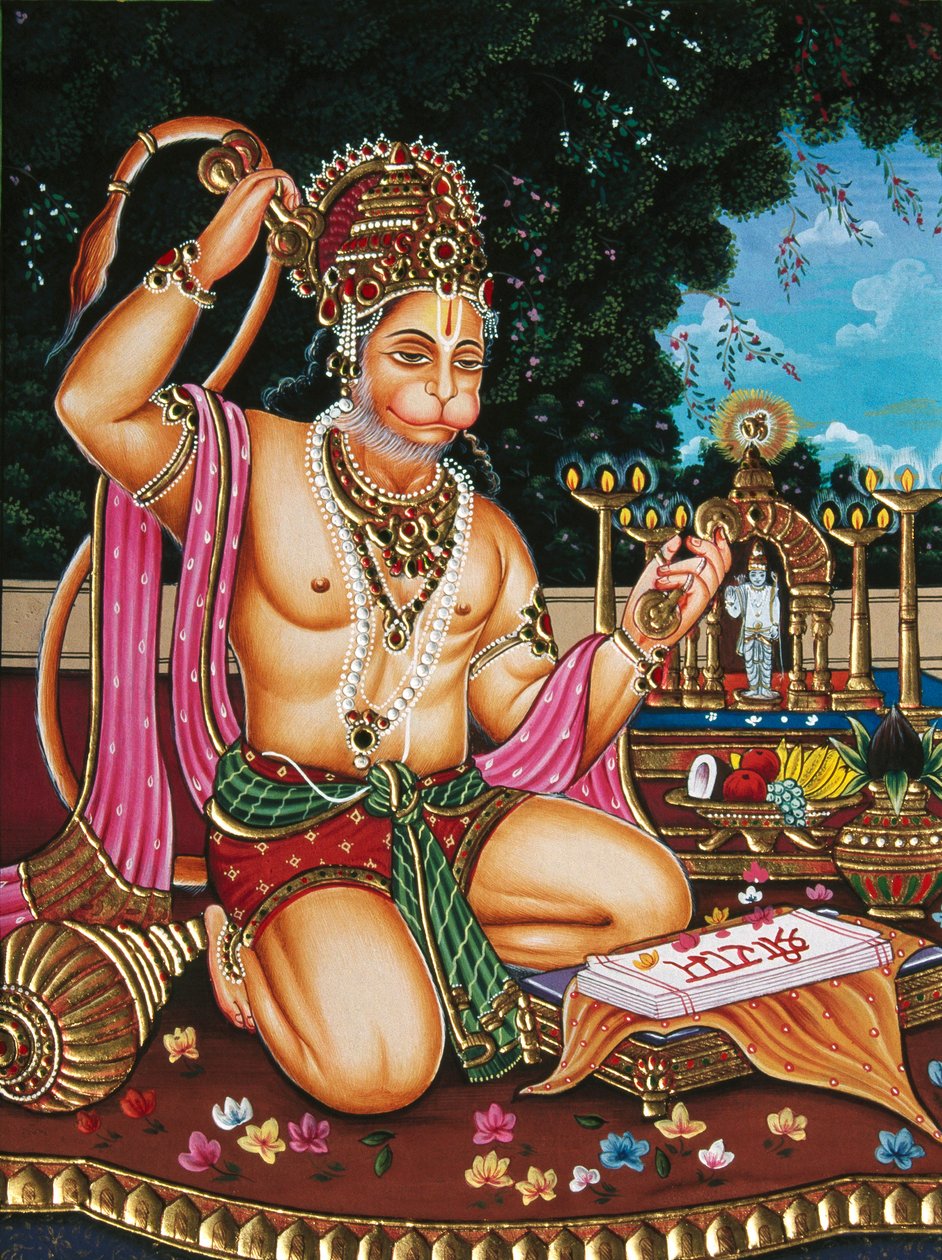 Miniaturní malba Lorda Hanumana na papíře od School Indian