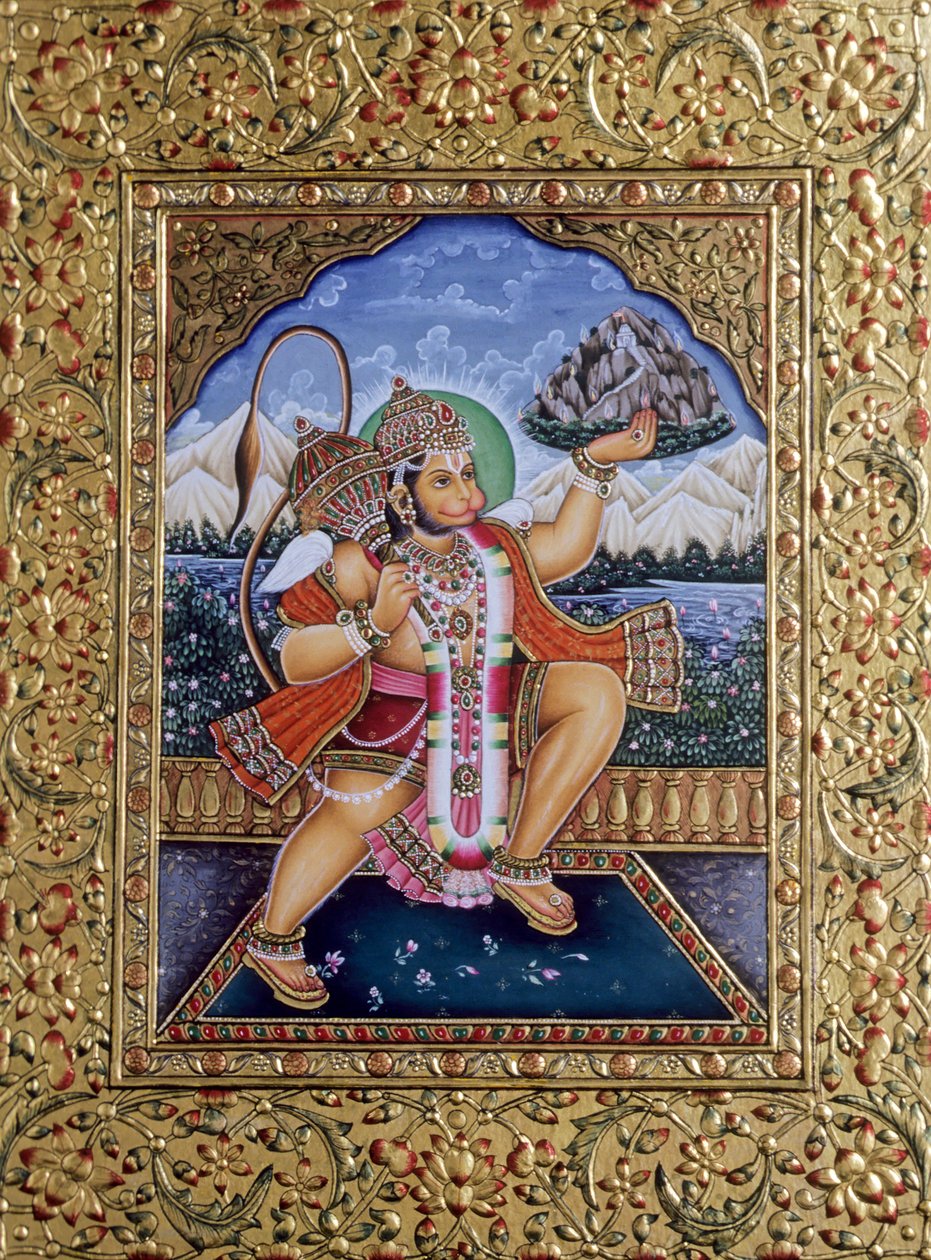 Miniaturní malba Lorda Hanumana na papíře se zlatou výšivkou od School Indian