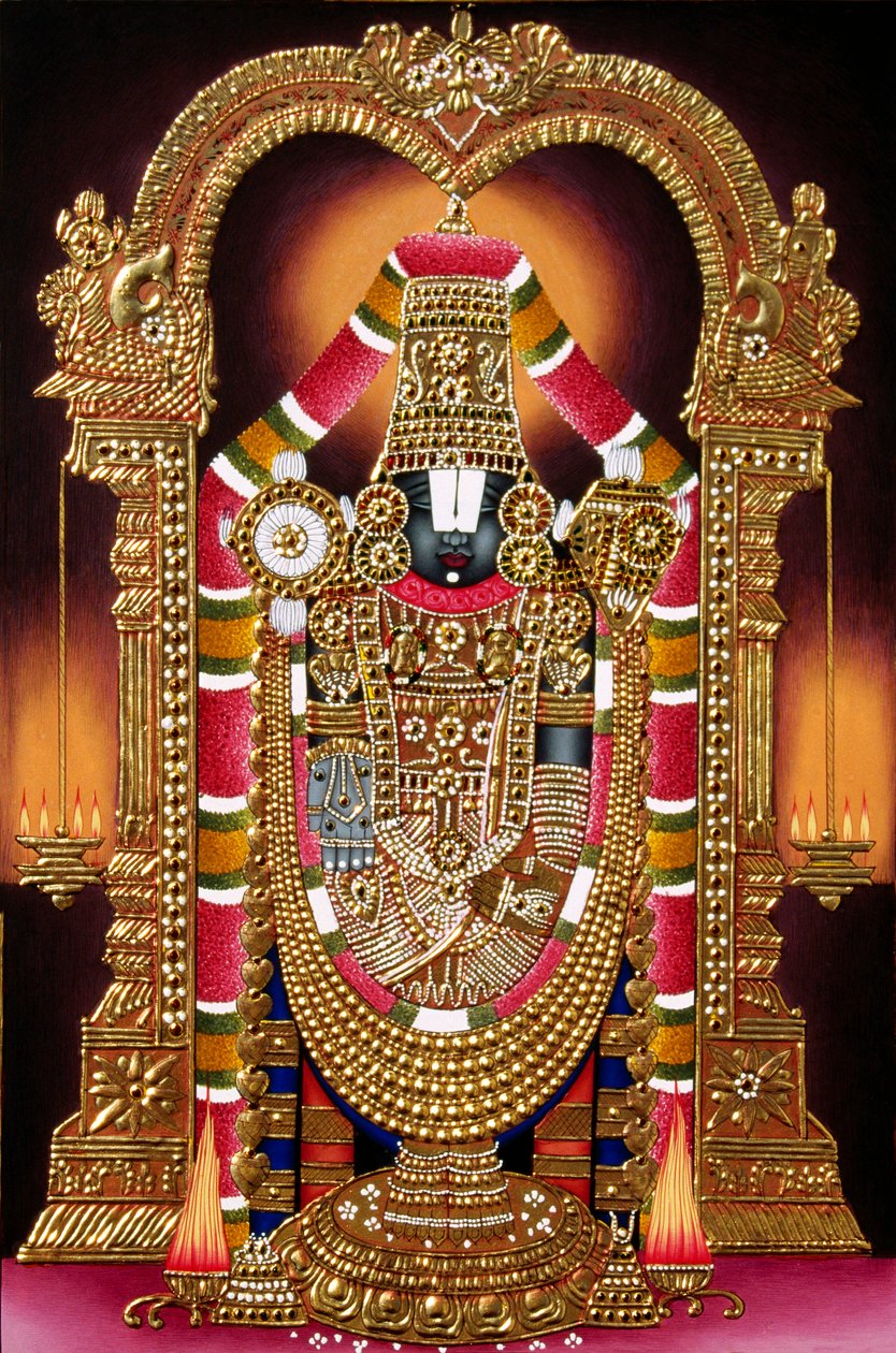 Miniaturní malba Lorda Thirupati Balaji na papíře se zlatou ražbou od School Indian