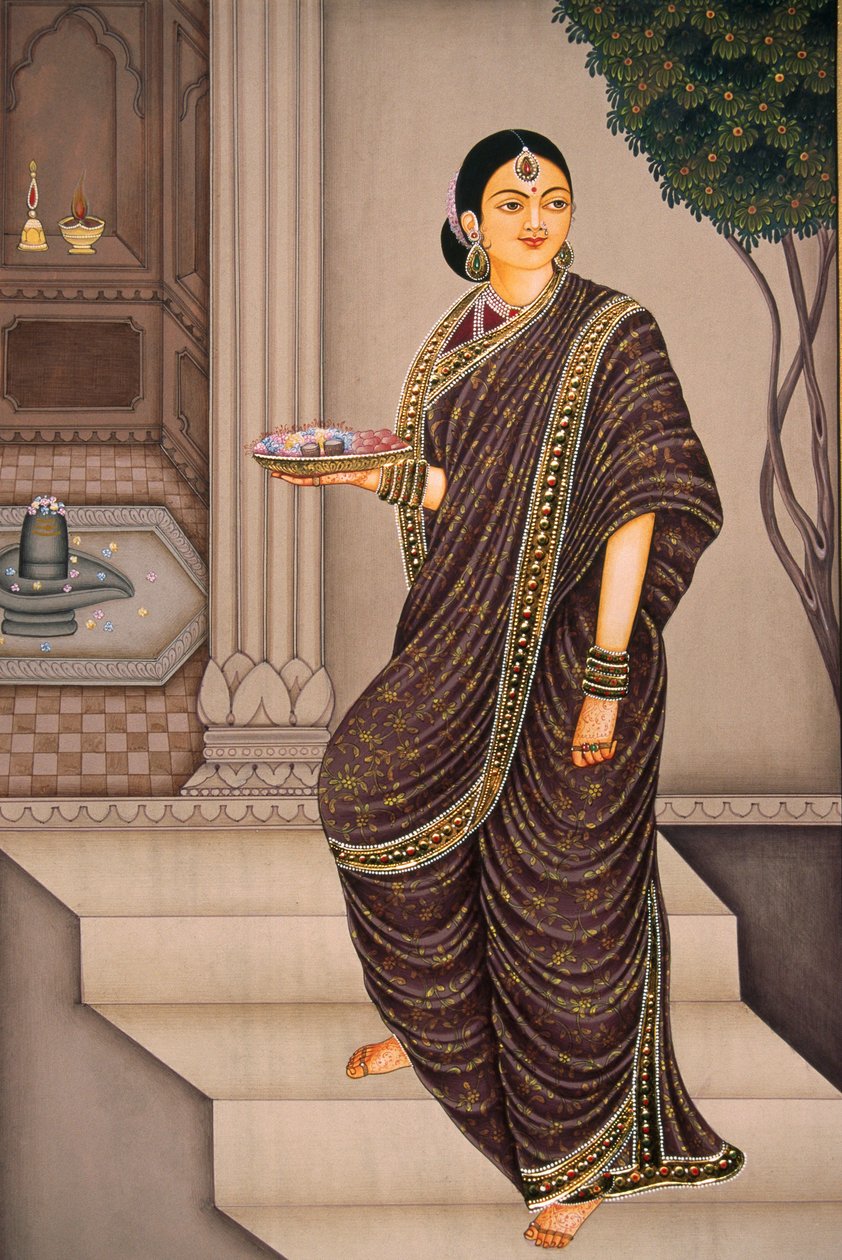 Marathi Lady jít do chrámu miniatura malba na papíře od School Indian