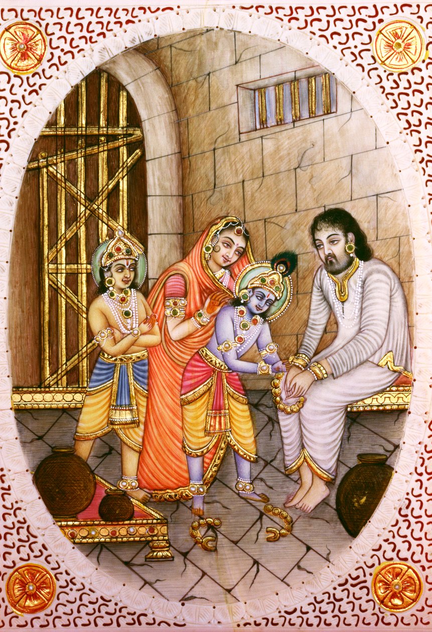 Miniaturní malba Krišny Balrama a Devaki Vasudévy na slonovině od School Indian