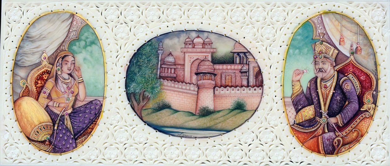 Miniatura mughalského císaře Bahádúra Šáha Zafara s manželkou Zínat Mahal od School Indian