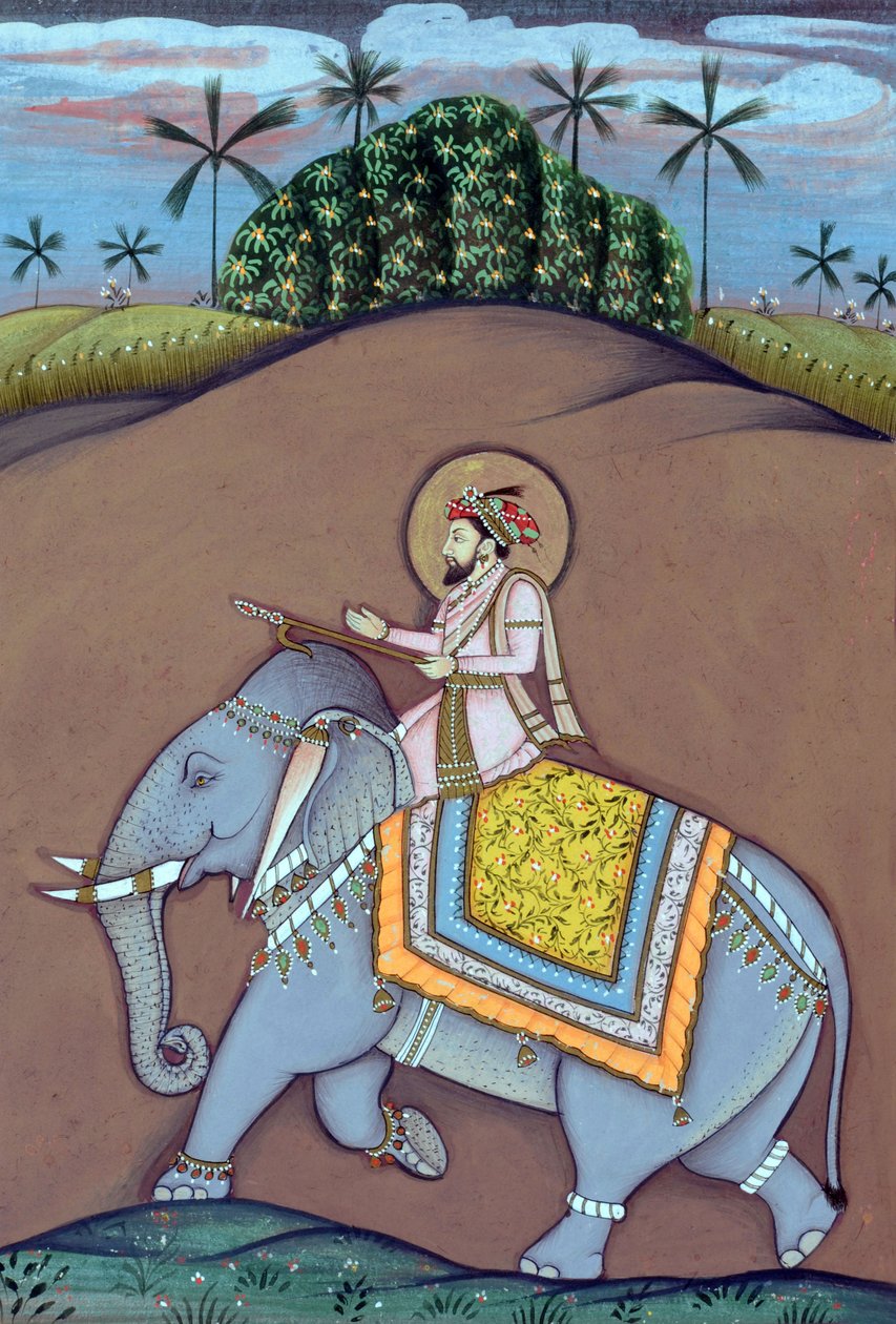 Miniatura mughalského císaře Šáhdžahána sedícího na slonovi od School Indian