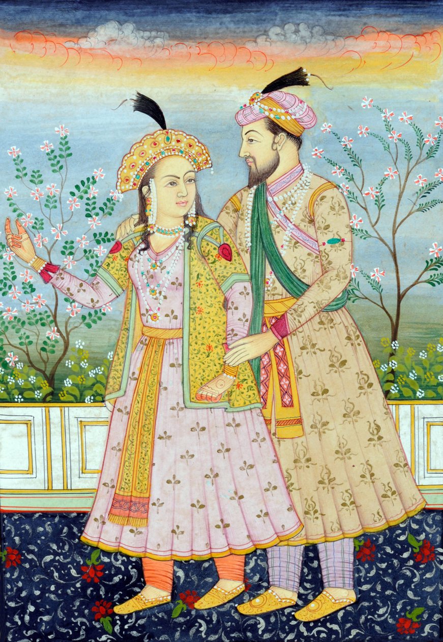 Miniatura mughalského císaře Šáhdžahána s manželkou Mumtáz Mahal od School Indian