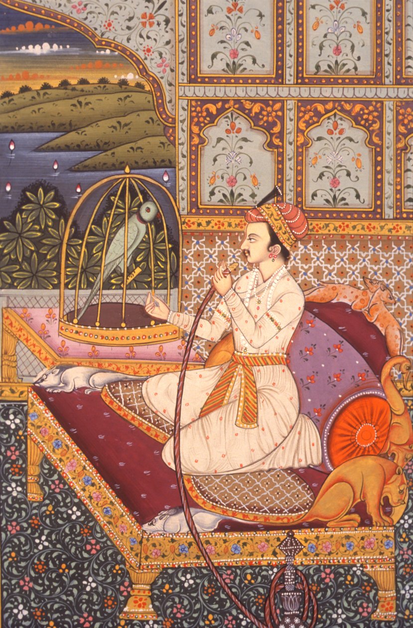 Miniaturní malba mughalského prince užívajícího si vodní dýmku, Indie od School Indian