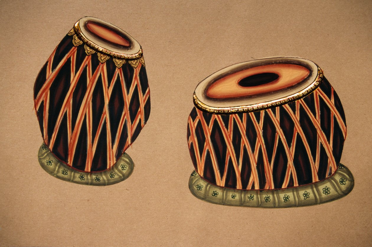 Miniaturní malba na papíře, indický klasický hudební nástroj tabla od School Indian