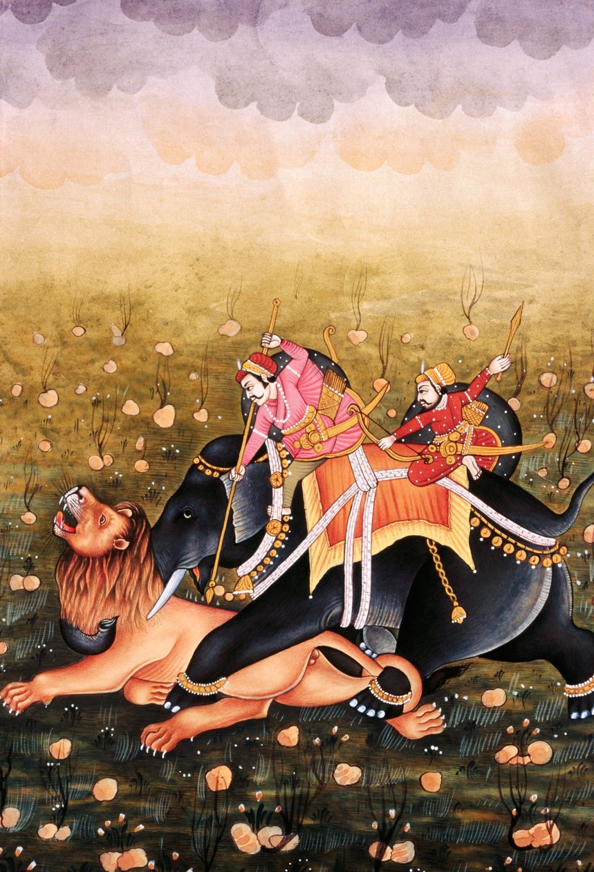 Miniaturní malba na papíře, Mughal King Hunting od School Indian
