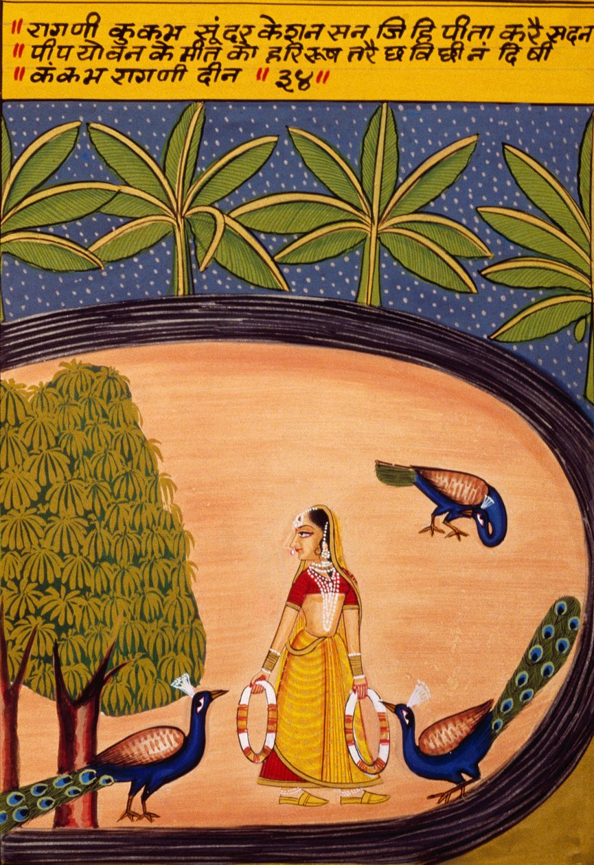 Miniaturní malba na papíře, Ragini Kukumb, škola Nathdwara od School Indian