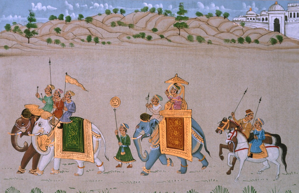 Miniaturní malba na hedvábí, Královský průvod od School Indian