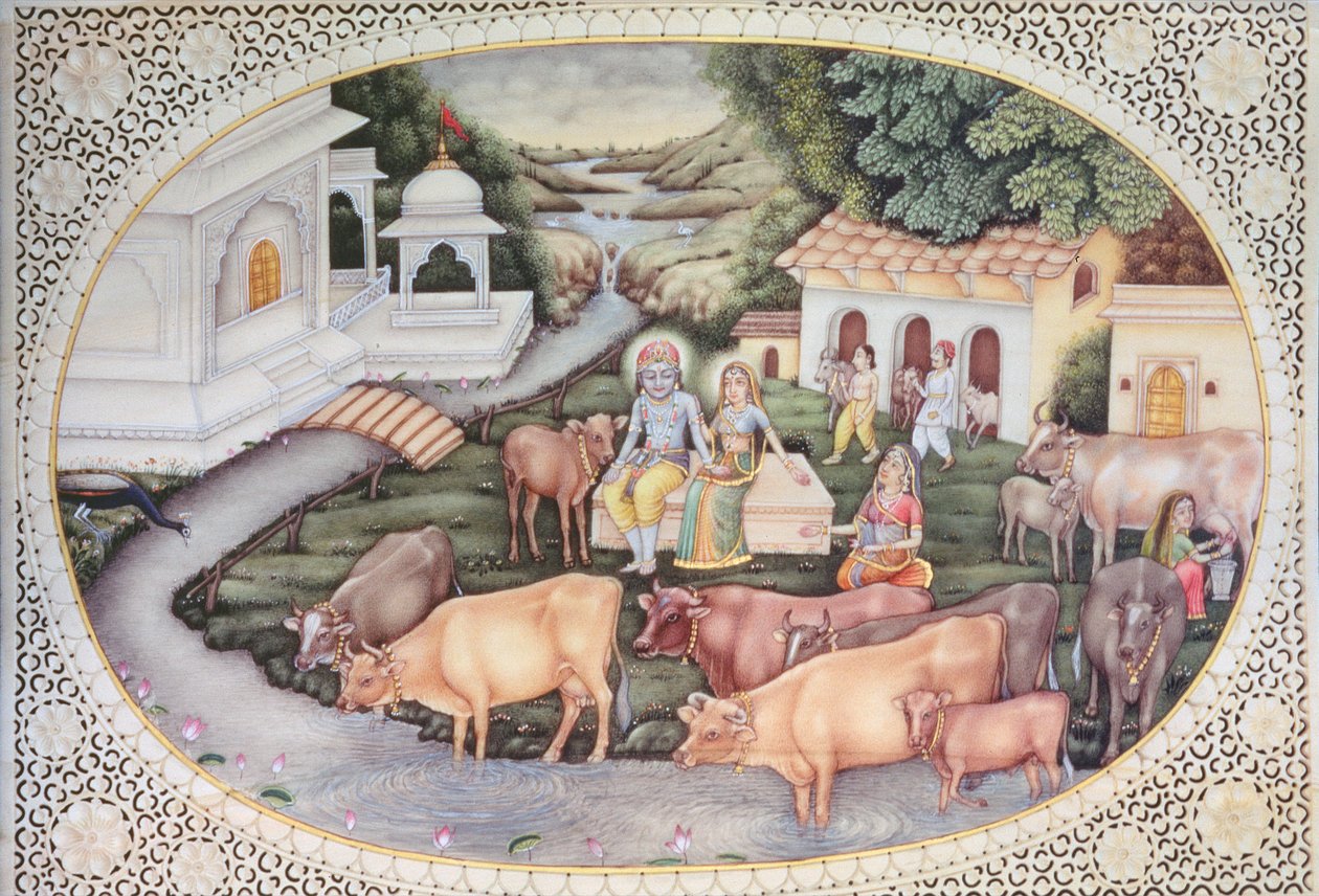 Miniatura dojičky Krišny sedící na poli s dobytkem (akvarel na slonovině) od School Indian