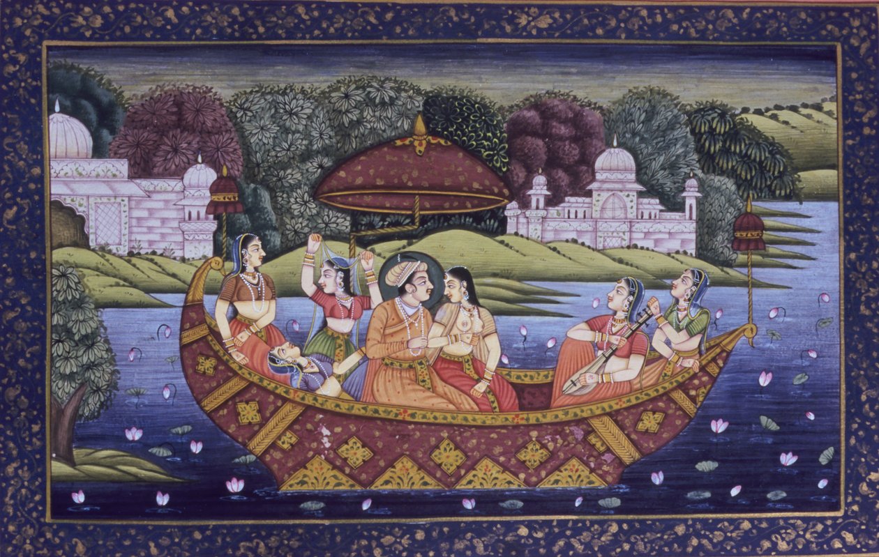 Mughalská miniatura malba na papíře, král milostné scény a užívání si hudby ve člunu od School Indian