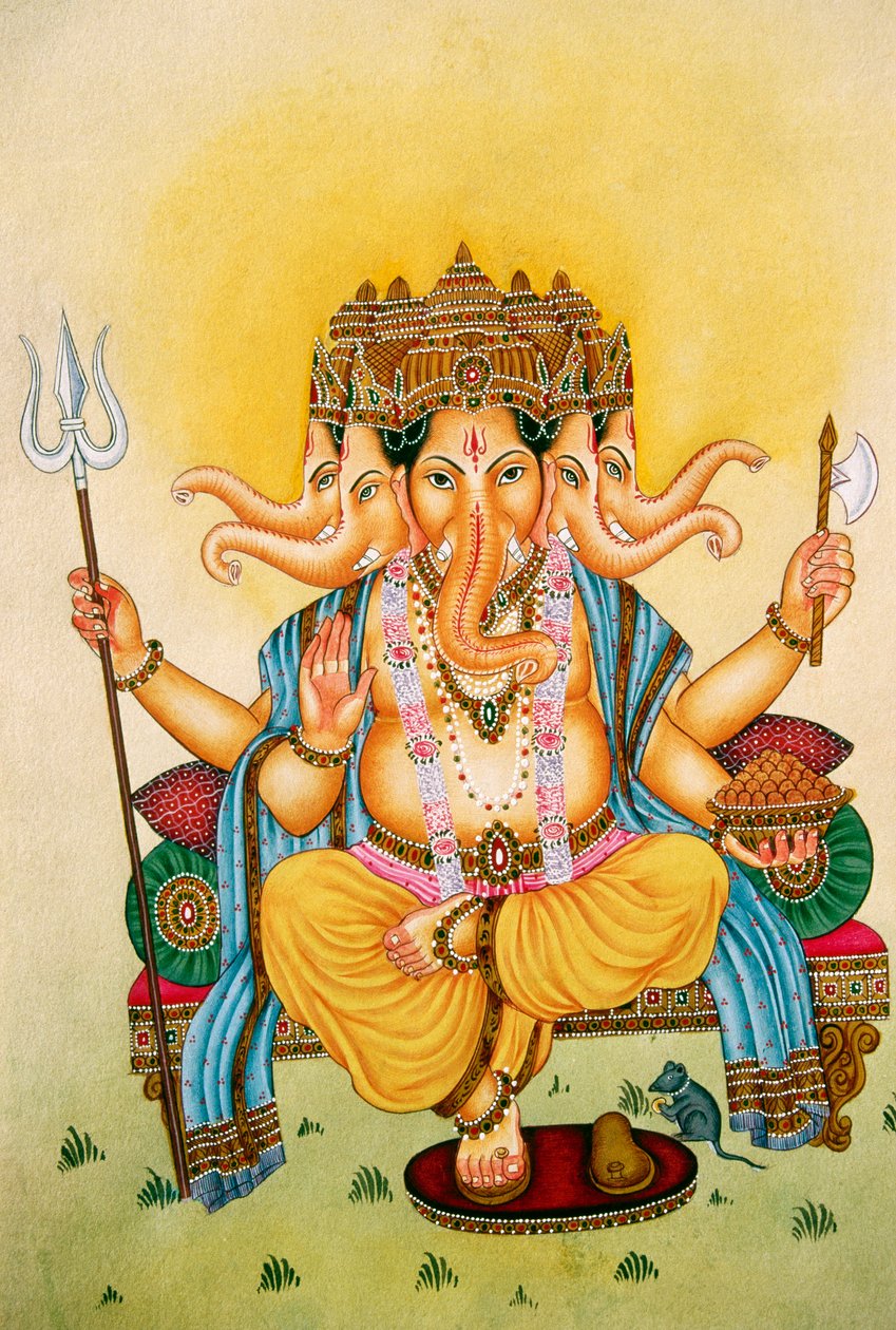 Panchmukhi Lord Ganesh Ganpati Miniatura malba na papíře od School Indian