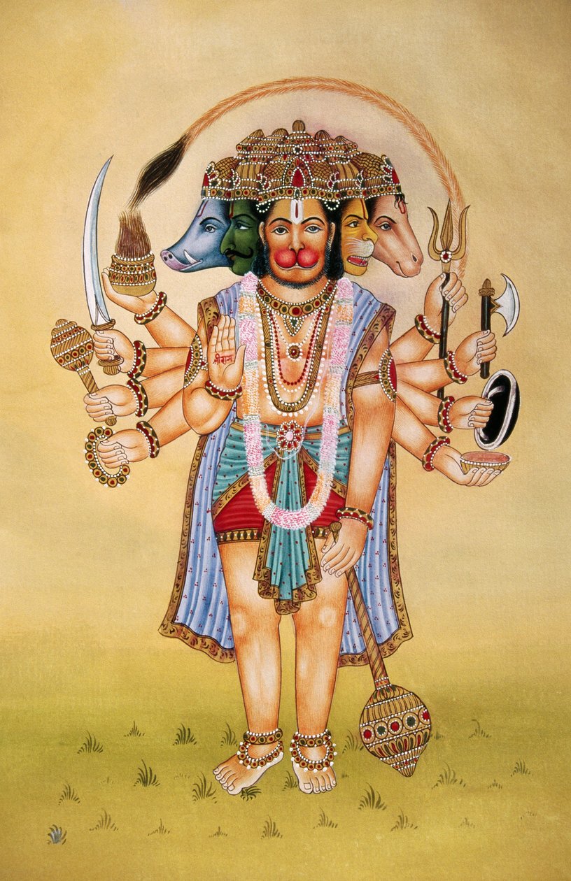 Panchmukhi Lord Hanuman Miniatura malba na papíře od School Indian