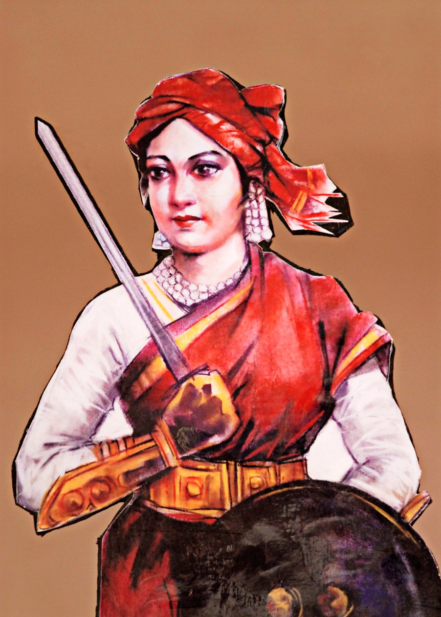 Portrét Rani Laxmibai, královny z Jhansi, velké bojovnice za svobodu v první indické válce za nezávislost Indická vzpoura 1857-58 (barevná litografie) od School Indian